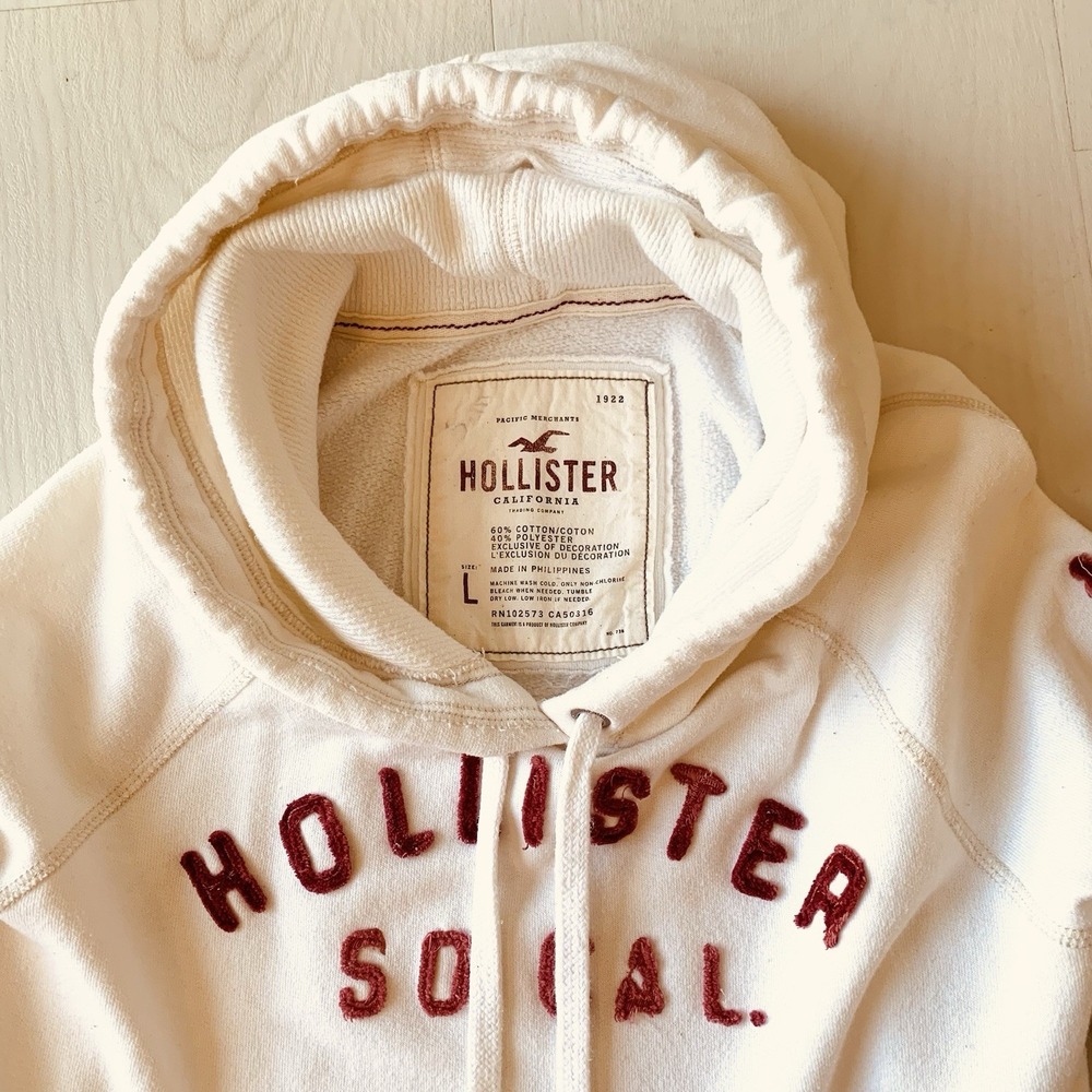 Vintage Y2k Hollister Spell Out Hoodie Women's Size L White Pullover Surf Preppy